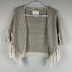 Anthropologie Gold White Striped Knit Fringe Short Sleeve Open Cardigan One Size